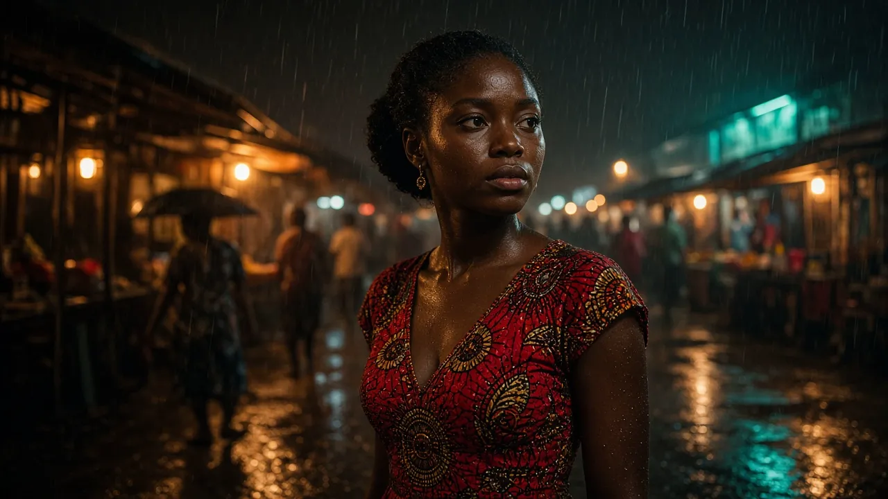 Film still: a woman in a red ankara dress in a rain-soaked night market